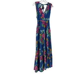 Matilda Jane Maxi Dress Size M Blue Floral V Neck Ruffle Stretchy Jersey Knit